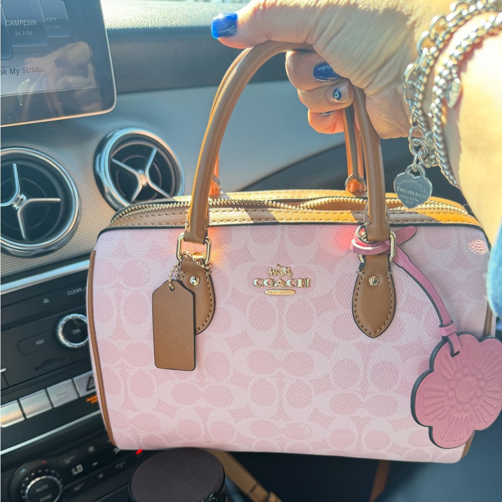 COACH Pink Signature Medium  Satchel with Brown Leather Trim and Gold Hardware